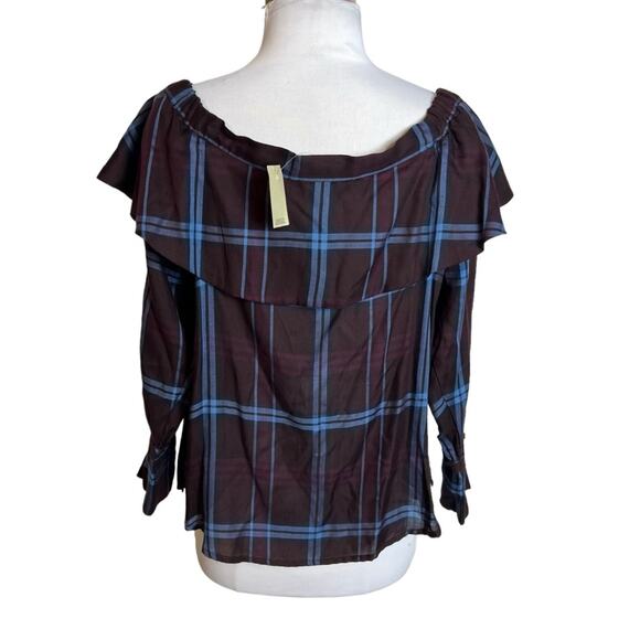 NWT Loft burgundy and blue plaid off the shoulder ruffle top Sz S petite - Picture 4 of 8